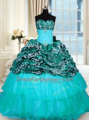 Printed Lace Up Quinceanera Gown Aqua Blue for Military Ball and Sweet 16 and Quinceanera with Beading and Ruffled Layers Sweep Train