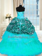 Printed Lace Up Quinceanera Gown Aqua Blue for Military Ball and Sweet 16 and Quinceanera with Beading and Ruffled Layers Sweep Train