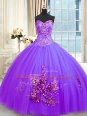 Sleeveless Tulle Floor Length Lace Up 15th Birthday Dress in Purple with Beading and Appliques and Embroidery