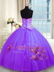 Sleeveless Tulle Floor Length Lace Up 15th Birthday Dress in Purple with Beading and Appliques and Embroidery