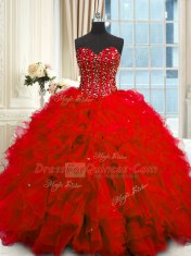 Extravagant Red Lace Up 15th Birthday Dress Beading and Ruffles and Sequins Sleeveless Floor Length