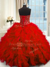 Extravagant Red Lace Up 15th Birthday Dress Beading and Ruffles and Sequins Sleeveless Floor Length