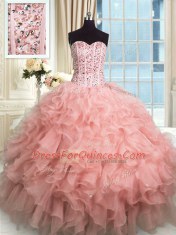 Adorable Rose Pink Ball Gowns Organza Sweetheart Sleeveless Beading and Ruffles Floor Length Lace Up Vestidos de Quinceanera