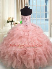 Adorable Rose Pink Ball Gowns Organza Sweetheart Sleeveless Beading and Ruffles Floor Length Lace Up Vestidos de Quinceanera
