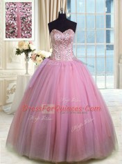 Sweetheart Sleeveless Lace Up Quinceanera Gown Rose Pink Organza