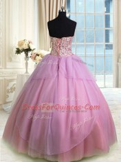 Sweetheart Sleeveless Lace Up Quinceanera Gown Rose Pink Organza