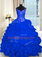 Pick Ups Ball Gowns Sleeveless Royal Blue Quinceanera Gown Brush Train Lace Up