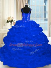 Pick Ups Ball Gowns Sleeveless Royal Blue Quinceanera Gown Brush Train Lace Up