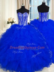 Superior Royal Blue Lace Up Sweetheart Beading and Ruffles 15 Quinceanera Dress Organza Sleeveless