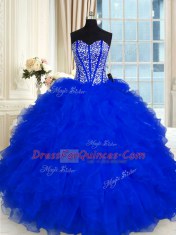 Superior Royal Blue Lace Up Sweetheart Beading and Ruffles 15 Quinceanera Dress Organza Sleeveless