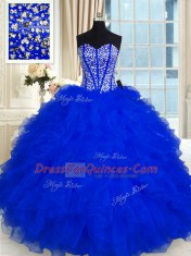 Superior Royal Blue Lace Up Sweetheart Beading and Ruffles 15 Quinceanera Dress Organza Sleeveless