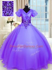 Superior Short Sleeves Organza Floor Length Lace Up 15th Birthday Dress in Lavender with Appliques