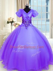 Superior Short Sleeves Organza Floor Length Lace Up 15th Birthday Dress in Lavender with Appliques