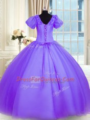 Superior Short Sleeves Organza Floor Length Lace Up 15th Birthday Dress in Lavender with Appliques
