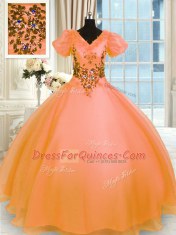 Discount Short Sleeves Organza Floor Length Lace Up 15th Birthday Dress in Orange with Appliques