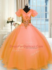 Discount Short Sleeves Organza Floor Length Lace Up 15th Birthday Dress in Orange with Appliques