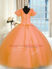 Discount Short Sleeves Organza Floor Length Lace Up 15th Birthday Dress in Orange with Appliques