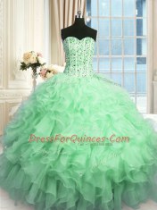 Comfortable Sleeveless Beading and Ruffles and Sequins Lace Up Quinceanera Gown
