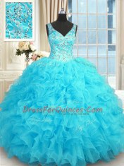 Exquisite Baby Blue Zipper Quinceanera Gown Beading and Ruffles Sleeveless Floor Length