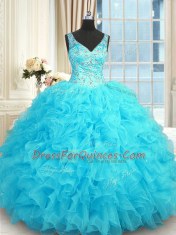 Exquisite Baby Blue Zipper Quinceanera Gown Beading and Ruffles Sleeveless Floor Length