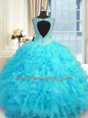 Exquisite Baby Blue Zipper Quinceanera Gown Beading and Ruffles Sleeveless Floor Length