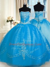 Sleeveless Floor Length Embroidery Lace Up Sweet 16 Quinceanera Dress with Baby Blue