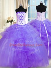 Adorable Lavender Sleeveless Pick Ups and Hand Made Flower Floor Length 15 Quinceanera Dress