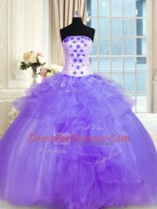 Adorable Lavender Sleeveless Pick Ups and Hand Made Flower Floor Length 15 Quinceanera Dress