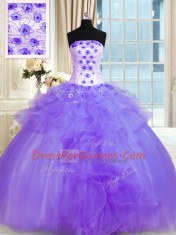 Adorable Lavender Sleeveless Pick Ups and Hand Made Flower Floor Length 15 Quinceanera Dress