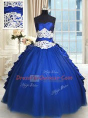 Flare Royal Blue Organza and Taffeta and Tulle Lace Up Sweetheart Sleeveless Floor Length Quince Ball Gowns Beading and Lace and Appliques and Ruffles and Pick Ups