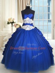 Flare Royal Blue Organza and Taffeta and Tulle Lace Up Sweetheart Sleeveless Floor Length Quince Ball Gowns Beading and Lace and Appliques and Ruffles and Pick Ups