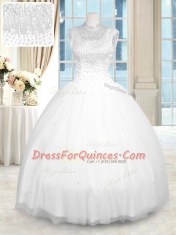 Beauteous Floor Length White 15 Quinceanera Dress Tulle Sleeveless Beading