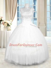 Beauteous Floor Length White 15 Quinceanera Dress Tulle Sleeveless Beading