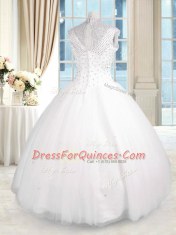 Beauteous Floor Length White 15 Quinceanera Dress Tulle Sleeveless Beading