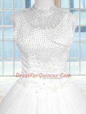 Beauteous Floor Length White 15 Quinceanera Dress Tulle Sleeveless Beading