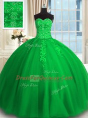 Green Sleeveless Floor Length Appliques and Embroidery Lace Up 15 Quinceanera Dress