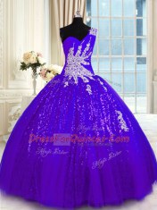Dazzling One Shoulder Sleeveless Tulle and Sequined Floor Length Lace Up Sweet 16 Dresses in Purple with Appliques