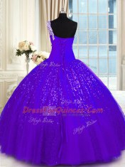 Dazzling One Shoulder Sleeveless Tulle and Sequined Floor Length Lace Up Sweet 16 Dresses in Purple with Appliques