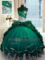 Modest Dark Green Ball Gowns Beading and Appliques and Pick Ups 15 Quinceanera Dress Lace Up Taffeta Sleeveless