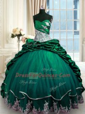 Modest Dark Green Ball Gowns Beading and Appliques and Pick Ups 15 Quinceanera Dress Lace Up Taffeta Sleeveless