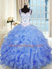 Floor Length Blue Quinceanera Gowns Organza Sleeveless Beading and Appliques and Ruffles