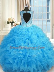 Hot Selling Blue Ball Gowns V-neck Sleeveless Organza Floor Length Zipper Beading and Ruffles Quince Ball Gowns