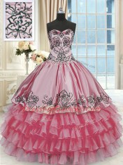 Rose Pink Ball Gowns Sweetheart Sleeveless Organza and Taffeta Floor Length Lace Up Beading and Embroidery and Ruffled Layers Sweet 16 Dress