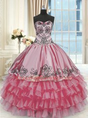 Rose Pink Ball Gowns Sweetheart Sleeveless Organza and Taffeta Floor Length Lace Up Beading and Embroidery and Ruffled Layers Sweet 16 Dress