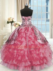 Rose Pink Ball Gowns Sweetheart Sleeveless Organza and Taffeta Floor Length Lace Up Beading and Embroidery and Ruffled Layers Sweet 16 Dress