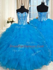 Baby Blue Quinceanera Gown Military Ball and Sweet 16 and Quinceanera and For with Beading and Ruffles Sweetheart Sleeveless Lace Up