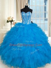 Baby Blue Quinceanera Gown Military Ball and Sweet 16 and Quinceanera and For with Beading and Ruffles Sweetheart Sleeveless Lace Up