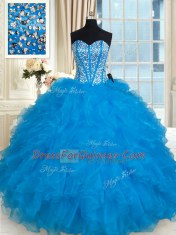 Baby Blue Quinceanera Gown Military Ball and Sweet 16 and Quinceanera and For with Beading and Ruffles Sweetheart Sleeveless Lace Up