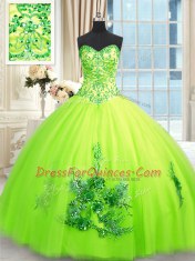 New Style Sleeveless Floor Length Beading and Appliques and Embroidery Lace Up Ball Gown Prom Dress with Yellow Green