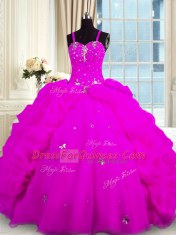 Ideal Fuchsia Ball Gowns Beading and Pick Ups Quinceanera Gown Lace Up Organza Sleeveless Floor Length